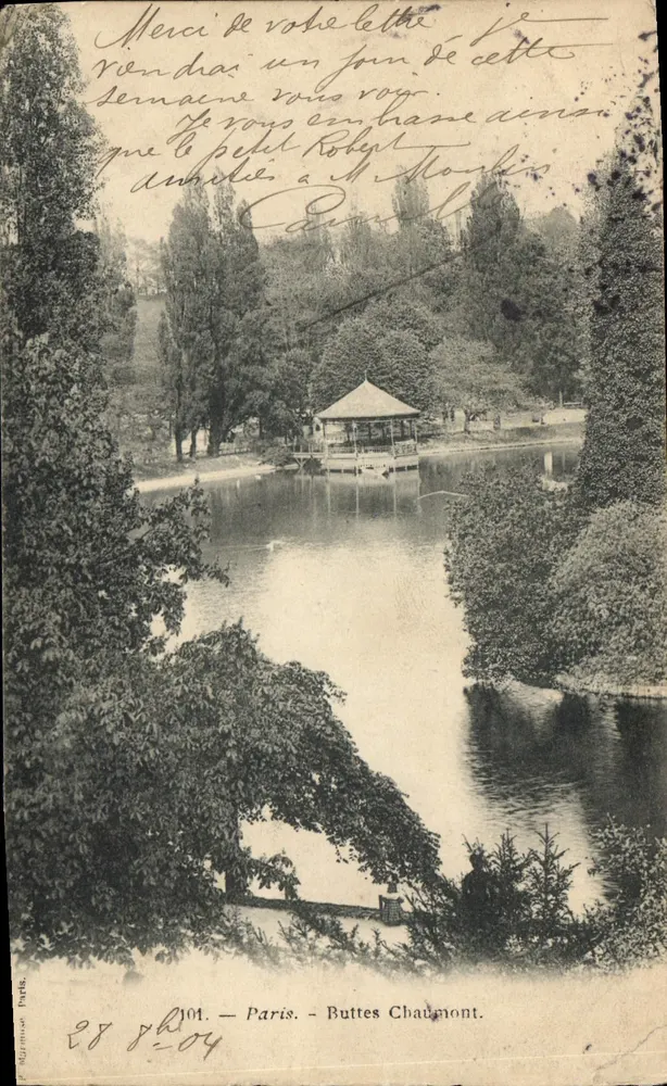 Buttes Chaumont — Vue du lac avec kiosque — Imprimé sur la carte par F. Béjarnoux, Paris, n° 101 - Frente