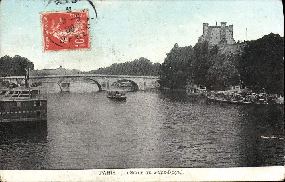 PARIS - A Sena no Pont-Royal — visão da Sena com o ponte e barcos — editor não visível, número de série não visível - Frente