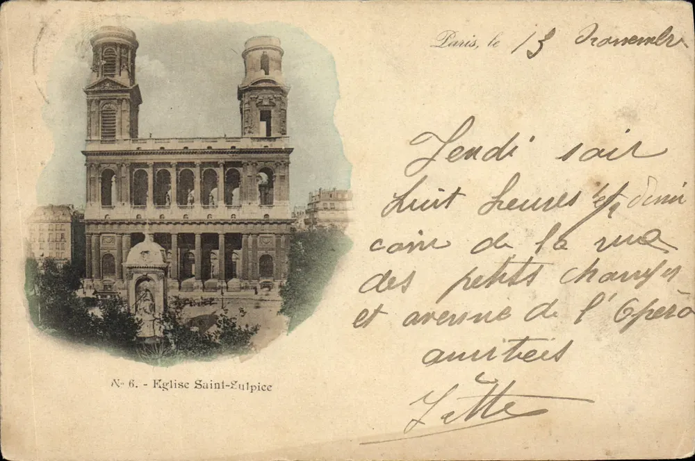 Paris - Église Saint-Eulphice — vue de l'édifice avec son portique et ses deux tours, éditeur impr. sur la carte, N° 6 - Frente