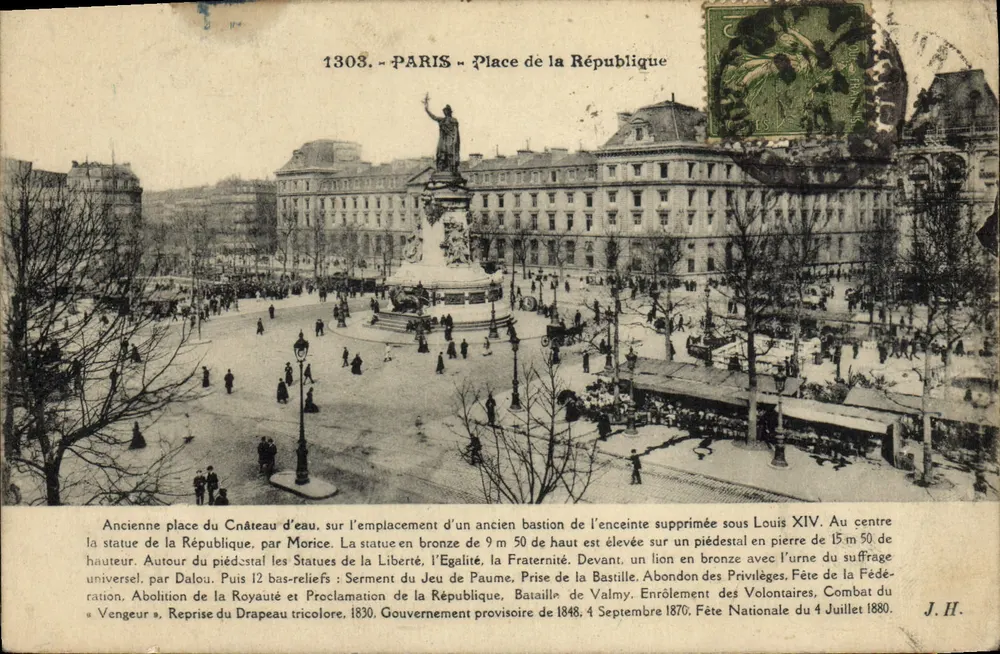 Paris - Place de la République — Antiga Place du Château d'eau, estátua da República por Morice — J.H. editor - Frente