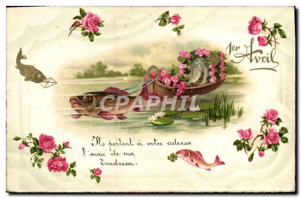 Fische in einem mit Rosen bedeckten Boot — 1. April — Verlag nicht sichtbar - Vorderseite
