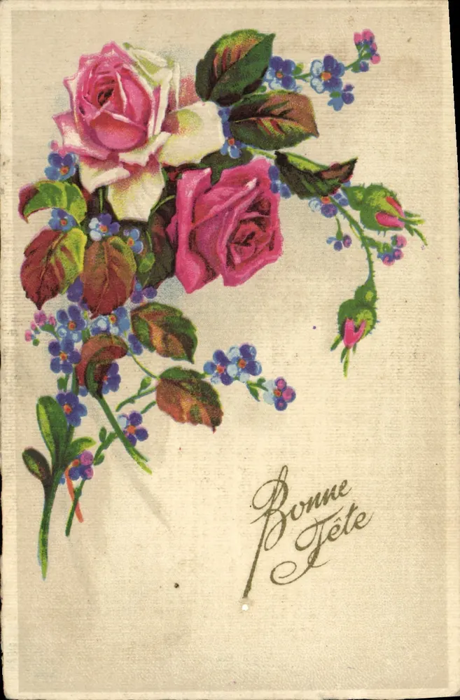 Bukett aus Rosen und blauen Blumen — Frohe Feier — Imprimerie France - Vorderseite