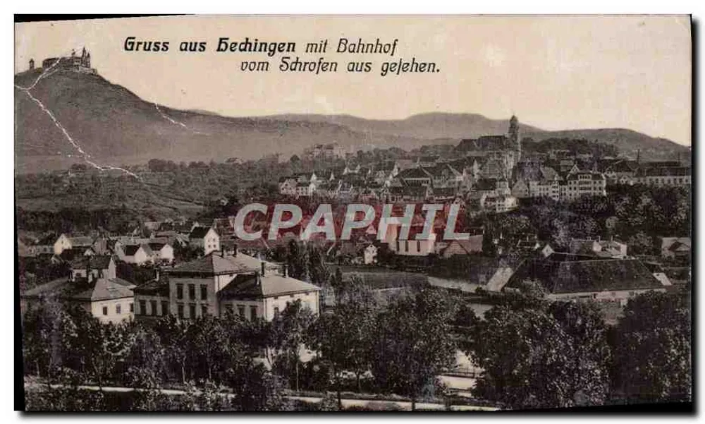 Hechingen — Blick auf das Dorf mit Bahnhof und Schloss auf dem Schrufen — Verlag Töpfer von Bos, Dirm. Stuttgart, n° 812 - Vorderseite