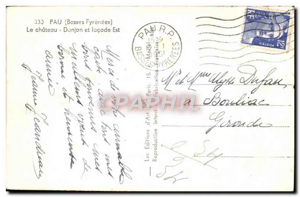 Pau - Le château - Donjon et façade Est — Les Éditions d'Art Françaises, n° 330 - Verso