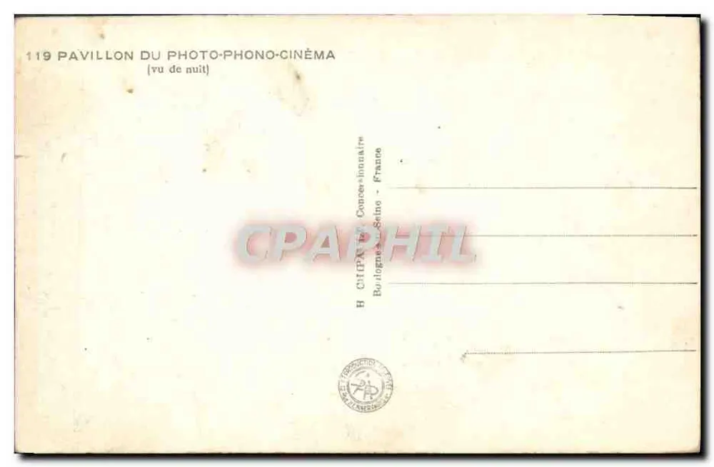 Pavilhão do Photo-Phono-Cinéma — Exposição Internacional de Paris 1937 — H. CHIAPARINI, Bologna - França - Verso