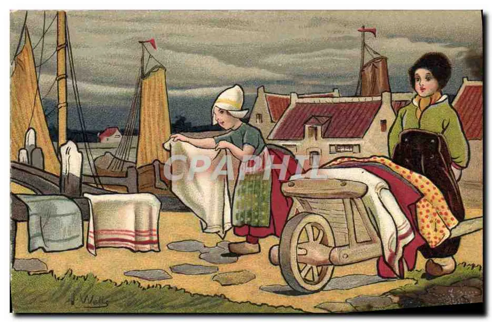 Femmes au port — lavage et charrette — éditeur VINO AROUD, Paris - Frente