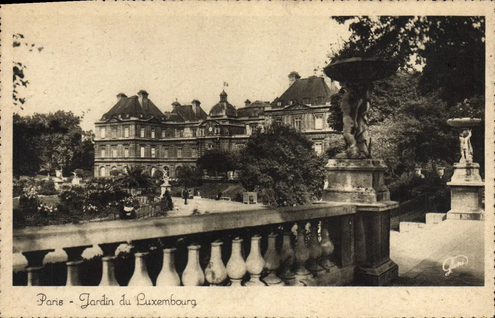 Parigi - Giardino del Luxembourg — vista del palazzo e delle statue — editore Génié - Recto