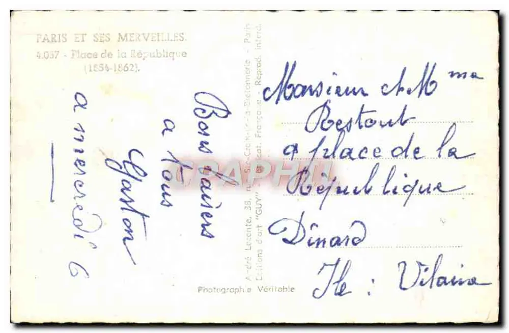 Place de la République — Paris — editor Paris e suas Maravilhas, n° 4.037 - Verso