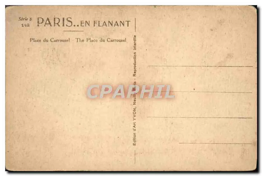 Plaza del Carrousel — París — Edición de Arte YVON, Serie 8, n°142 - Reverso