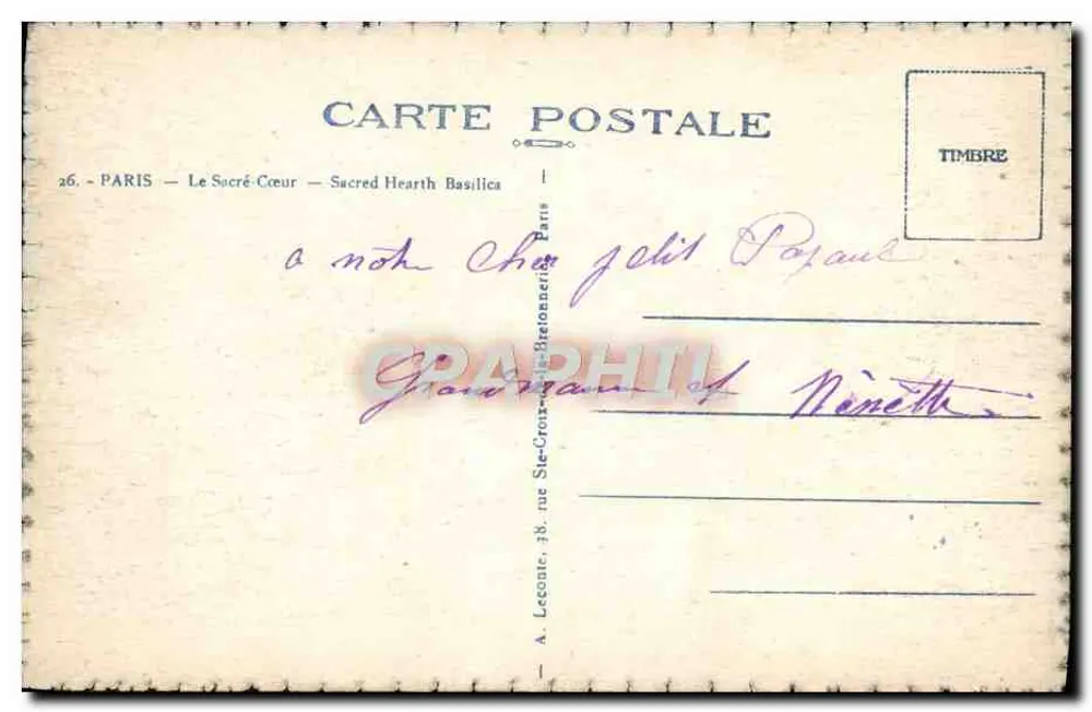 Paryż — Święty Serce — wydawca A. Lecointe, 18, rue Ste-Croix-de-la-Bretonnerie - Rewers