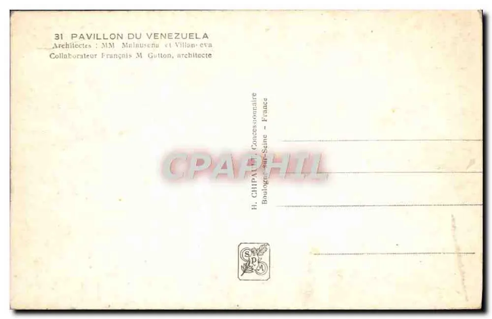 Pavillon Venezuelas — Internationale Ausstellung Paris 1937 — H. CHIPAT, Vertrieb - Rückseite