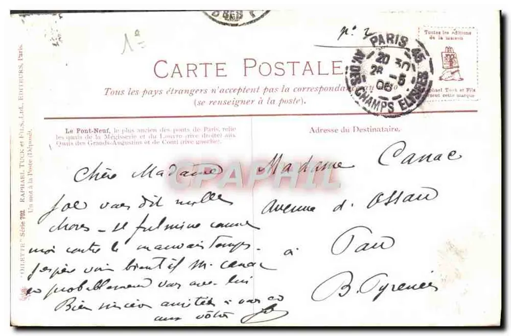 O Pont-Neuf — Paris — editor Raphael Tuck & Fils, série 702 - Verso
