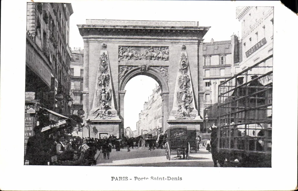 PARIS - Porta Saint-Denis — vista urbana com carruagem de boi e vendedores — editor não identificado - Frente