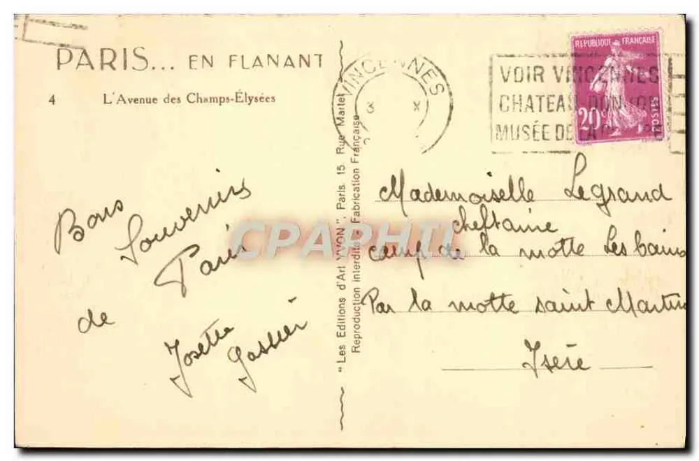 Paris — Avenida dos Campos Elísios — Les Éditions d'Art 'VYON' - Verso
