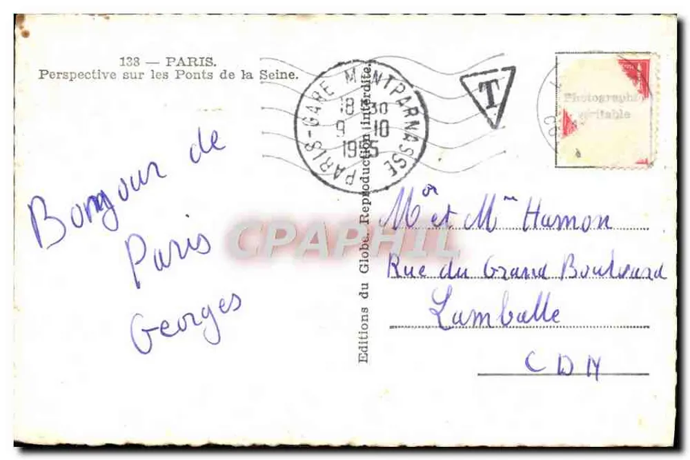 Paris — Perspectiva sobre os Pontes da Sena — Editions du Globe - Verso