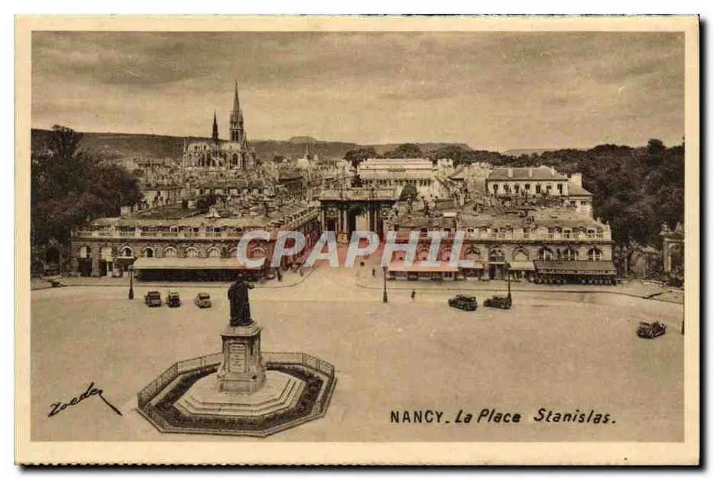 NANCY. A Place Stanislas — vista panorâmica com estátua central e igreja no fundo — editor Zoeder, n° 59 - Frente