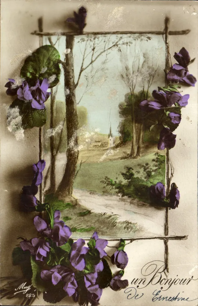 Violettes — vue de village avec église — Mug, n° 825 - Frente