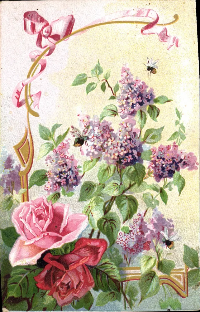 Flores e abelhas — decoração floral com fita rosa — editor não visível - Frente