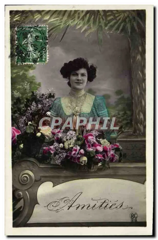 Frau in einem blauen Kleid — vor einem Palmen- und Blumen-Decor — Verleger BC n°312 - Vorderseite