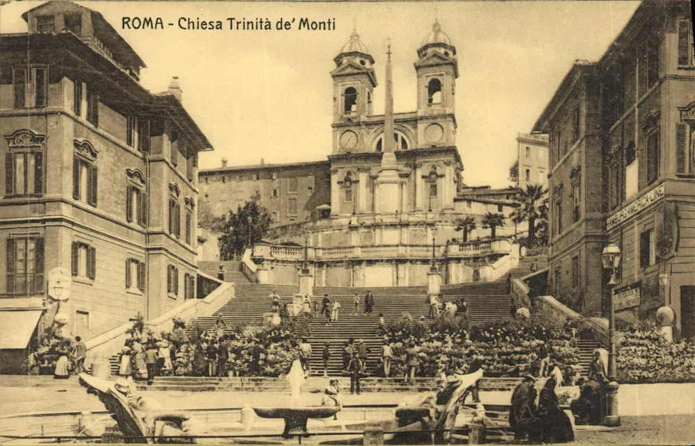 Rom - Kirche Trinità dei Monti — Ansicht der Treppen und Fontäne — unbekannter Verlag - Vorderseite
