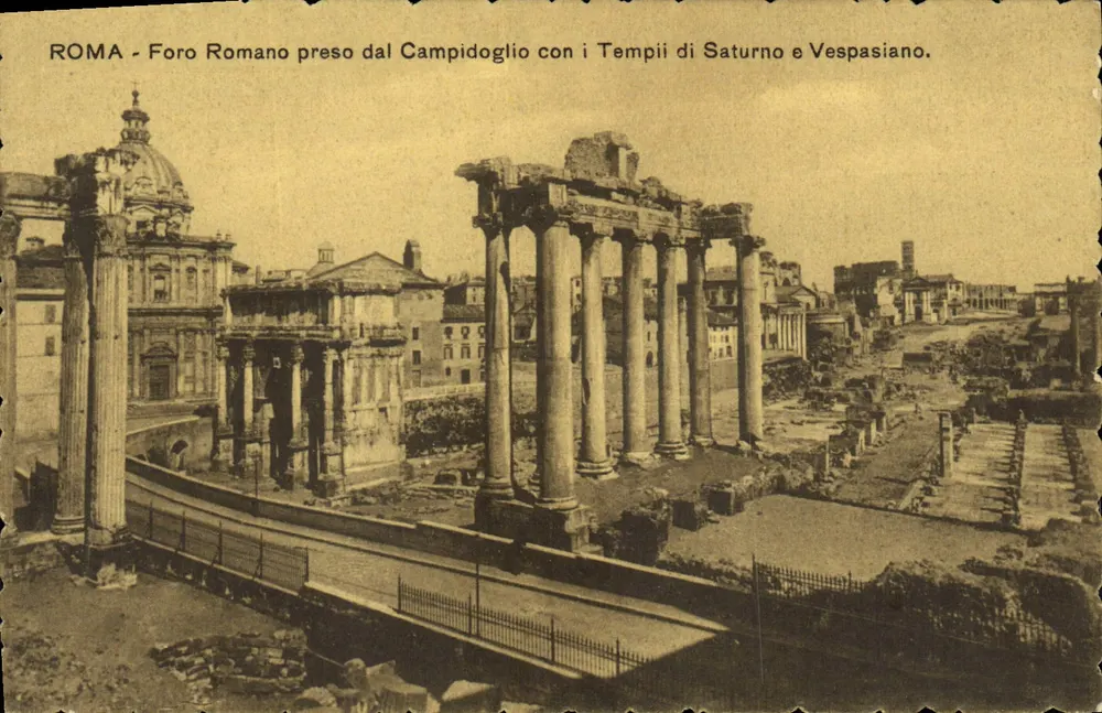 Rom - Der römische Forum von der Piazza del Campidoglio mit den Tempeln des Saturn und Vespasian. - Vorderseite