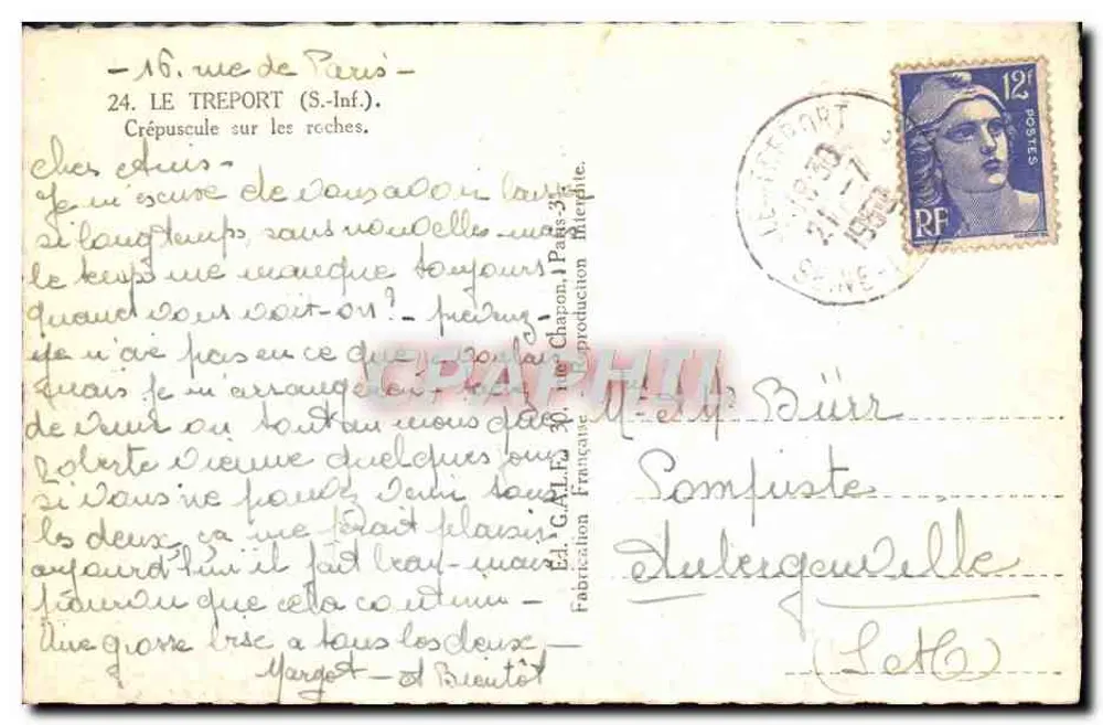 Crepuskuł na skałach — Le Tréport (S.-Inf.) — Wyd. G.ALF. 30, rue Chapon, Paryż - Rewers