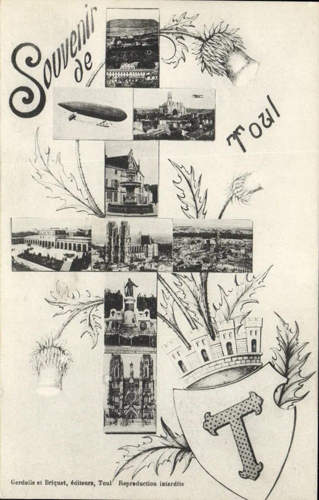Toul — Souvenir de Toul avec collage de vues et ballon dirigeable — Gerdolle et Briquet, éditeurs, Toul - Frente
