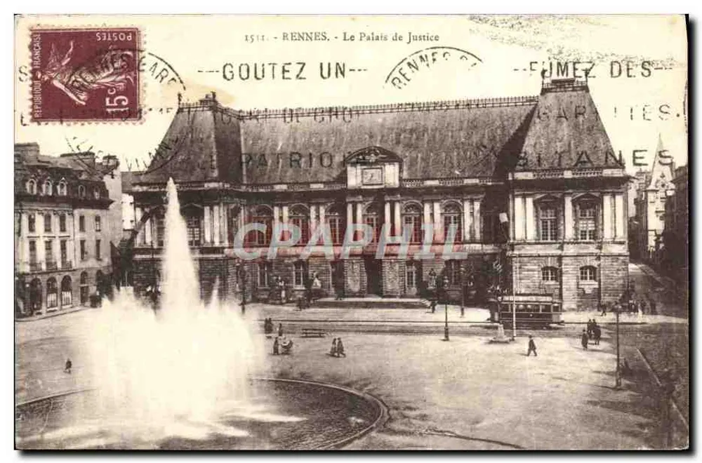 Rennes - Le Palais de Justice — vista da praça com fonte — editor Gouez un, série 1511 - Frente