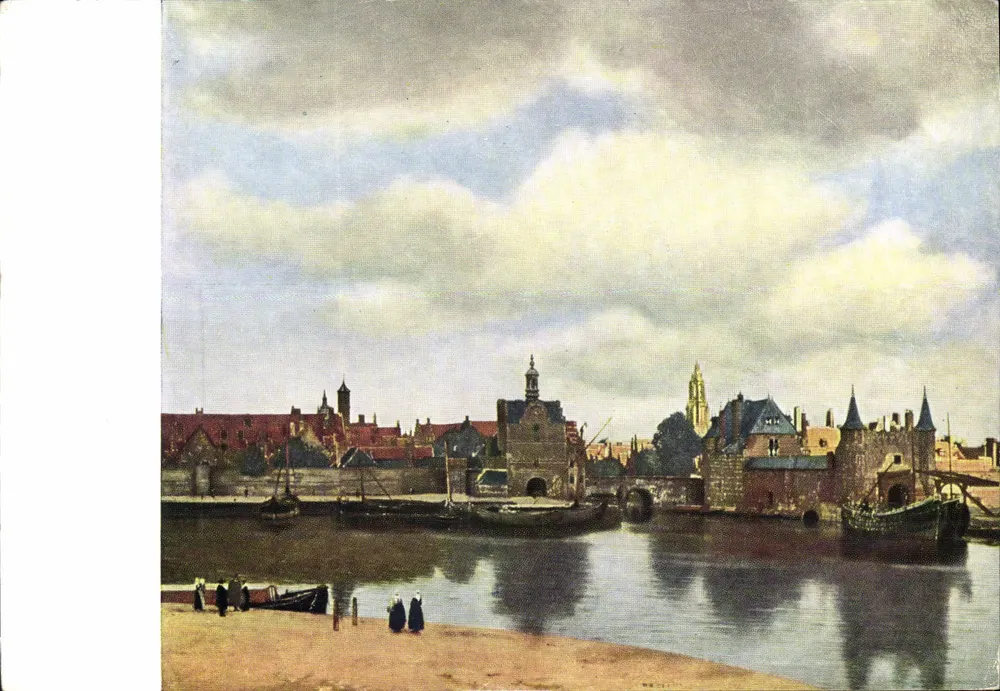 Ansicht von Delft — städtisches Panorama mit Brücke und Kirche — Verlag Hotel Arcade, Amsterdam - Vorderseite
