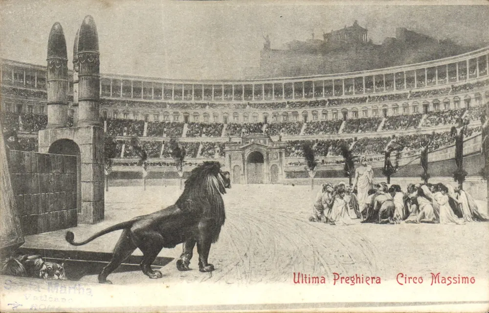 Ostatnia Modlitwa Circo Massimo — scena z lwem — wydawca R. Rinoaldi S. Agata dei Goti 14 - Roma - Awers