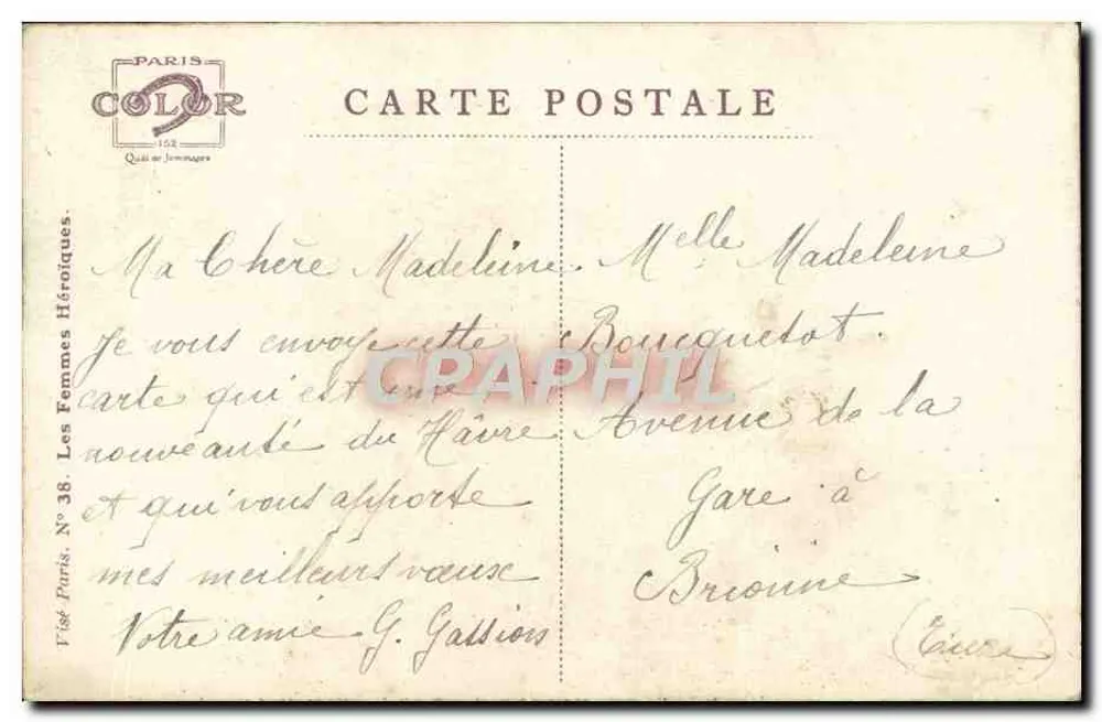 L'ARDENNAISE — portrait d'une jeune femme en coiffe traditionnelle — éditeur F. G. Paris Color, n° 38 - Verso