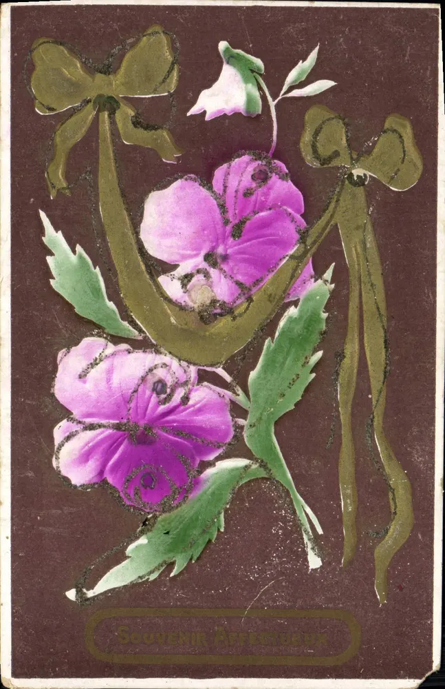 Fleurs violettes et rubans — Souvenir Affectionné — éditeur inconnu - Frente