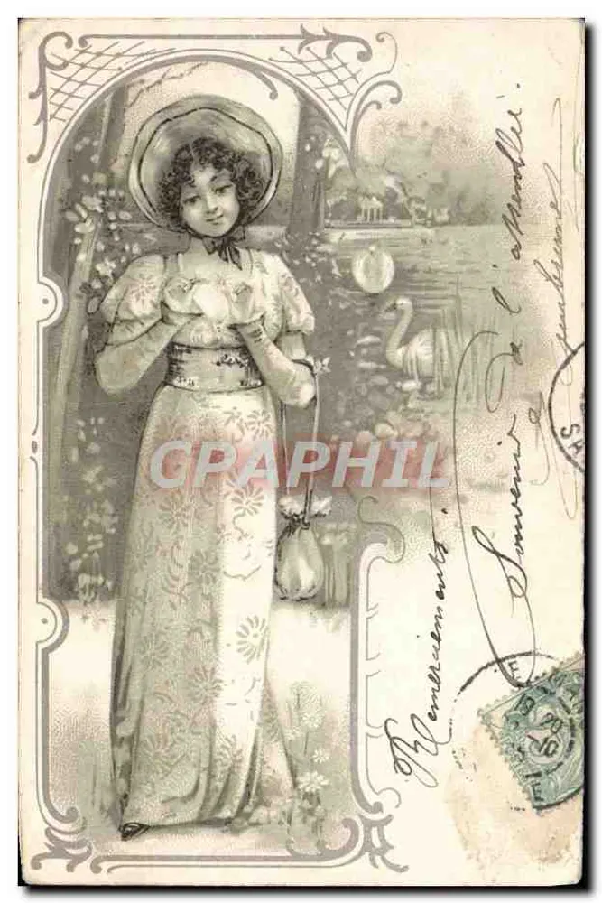 Junge Frau in Blumenkleid — Landschaft mit rosa Flamingos — unbekannter Verlag - Vorderseite