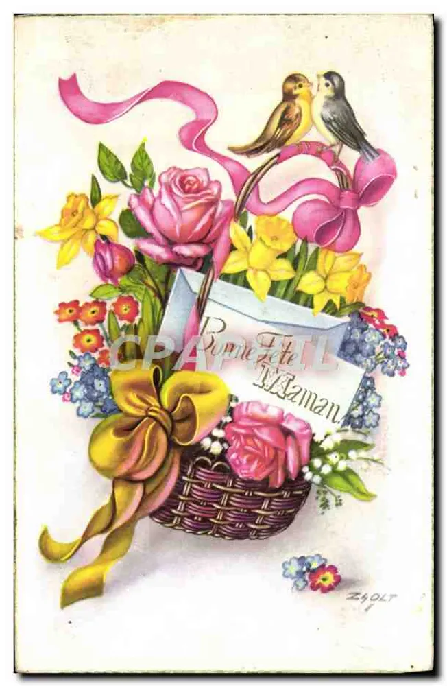 Arranjo de flores e pássaros — cartão postal ilustrado — M.D. Paris, série n° 2470 - Frente