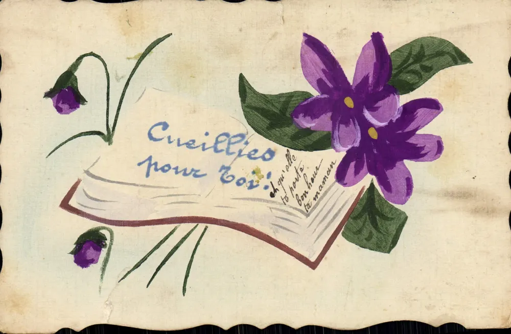 Fleurs violettes — illustration sur livre ouvert — éditeur inconnu - Frente