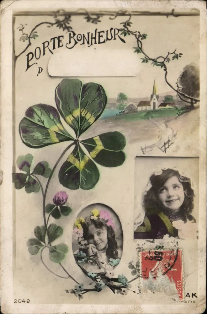 Porta da Felicidade — trevo de quatro folhas e retratos de crianças — editor AK, n° 2049 - Frente