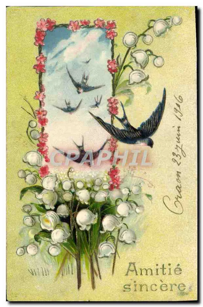Vögel und Blumen — Blütenrahmen mit fliegenden Vögeln — Verlag nicht sichtbar, Seriennummer nicht sichtbar - Vorderseite