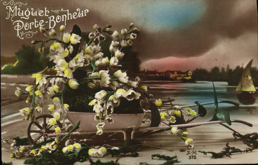 Flores em um carrinho — paisagem fluvial com vela — Muguet-Bonheur, n° 372 - Frente