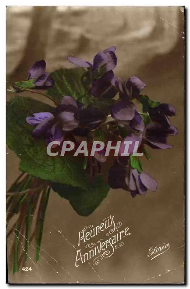 Bouquet de violettes — carte d'anniversaire éditée par Gloria, n° 424 - Frente