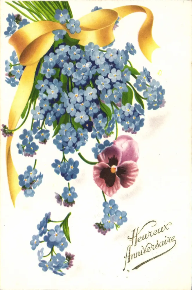 Mata de myosotis e pensão — 'Feliz Aniversário' — carta postal - Frente