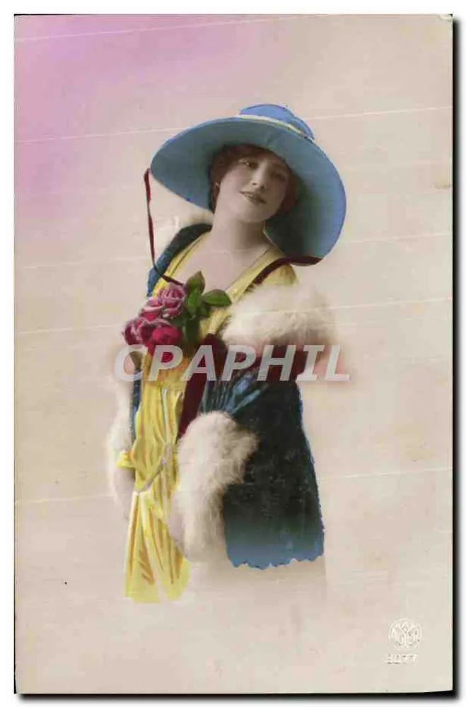 Frau in blauem Hut und gelbem Kleid — Rosen — Nr. 3177 - Vorderseite