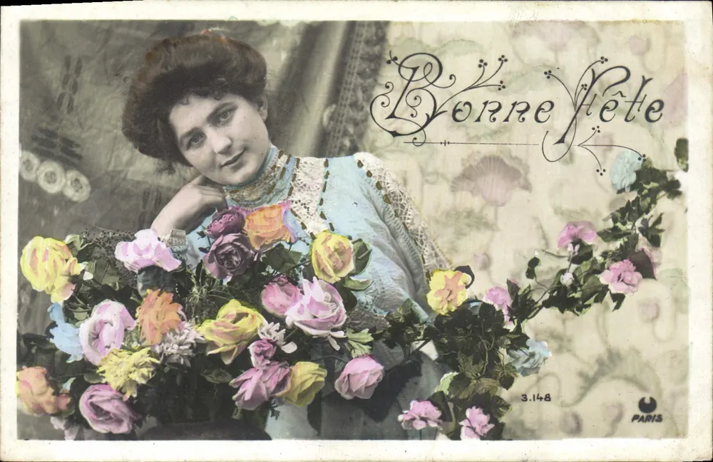 Junge Frau mit Rosenstrauß — Frohe Geburtstagskarte — Paris, n° 3.148 - Vorderseite