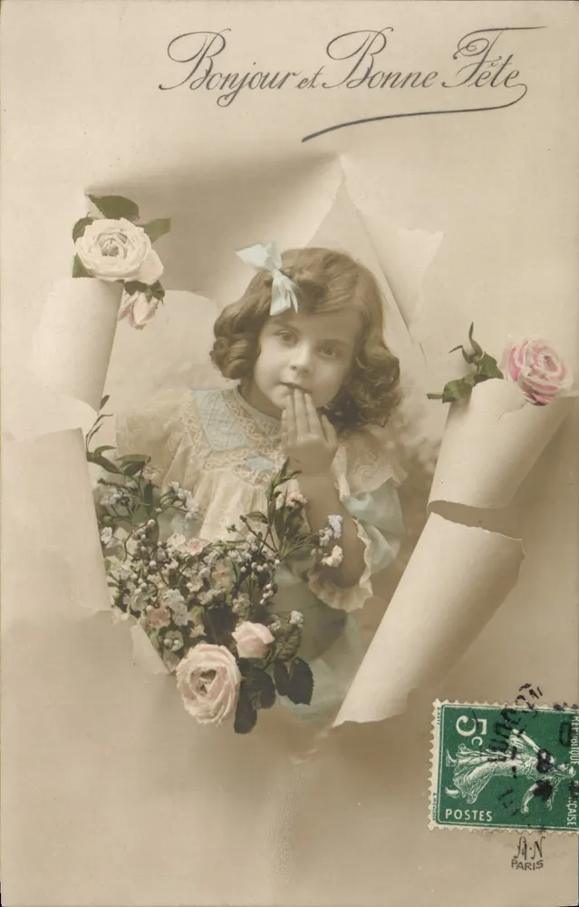 Menina com buquê de rosas — Boa tarde e Feliz Festa — editor anônimo, Paris - Frente