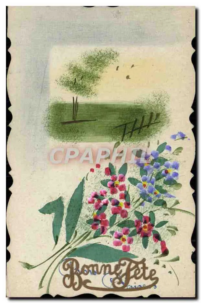 Blumenstrauß — Landschaft mit Baum — unbekannter Verlag - Vorderseite