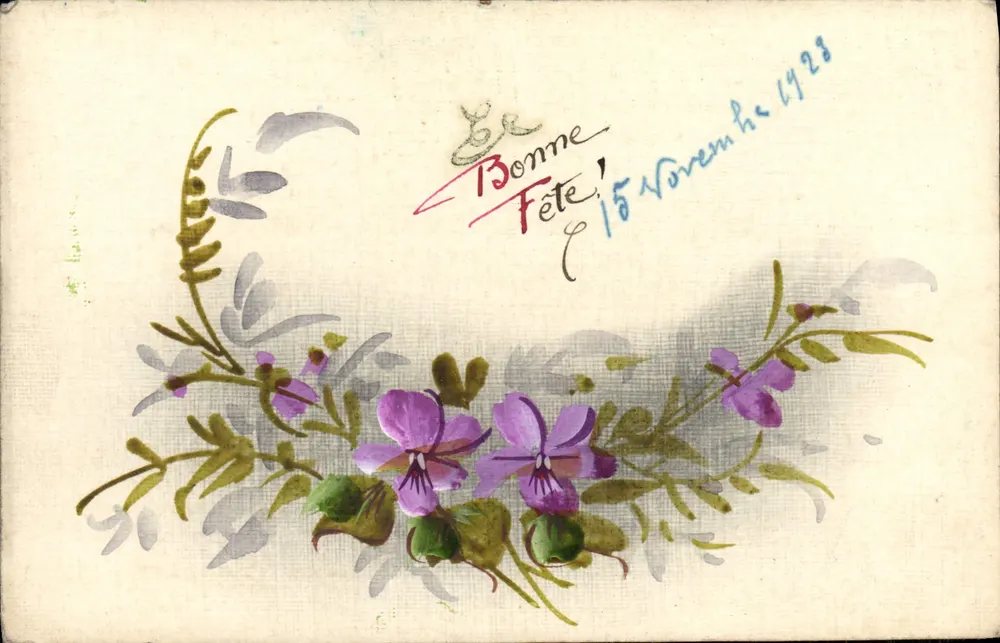 Flores violetas — Boa festa — datada 15 de novembro de 1928 - Frente