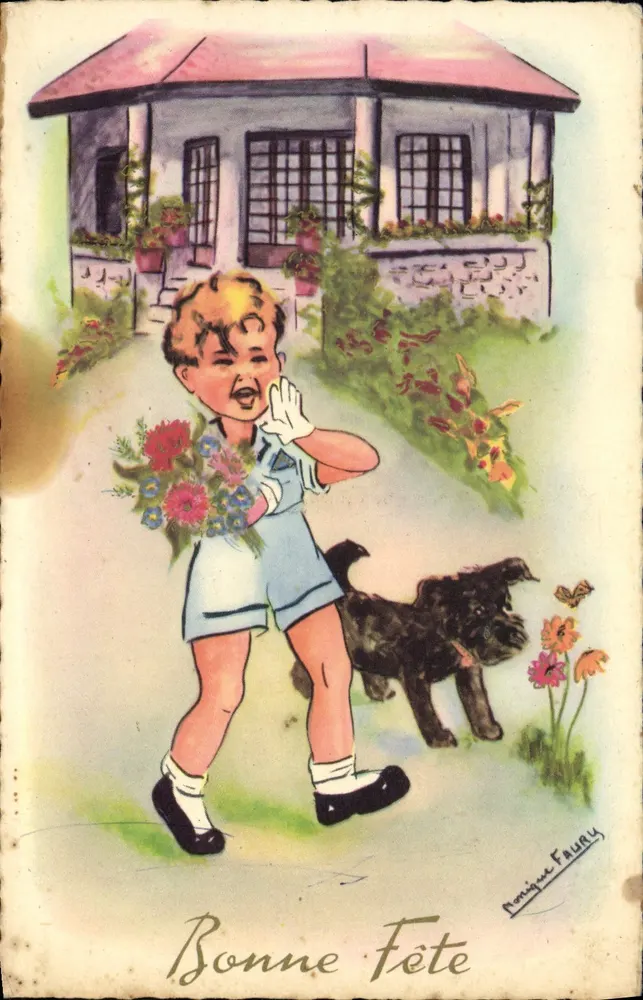 Kind, der Blumen bringt — Frohe Geburtstagskarte — Promièce Fauray - Vorderseite