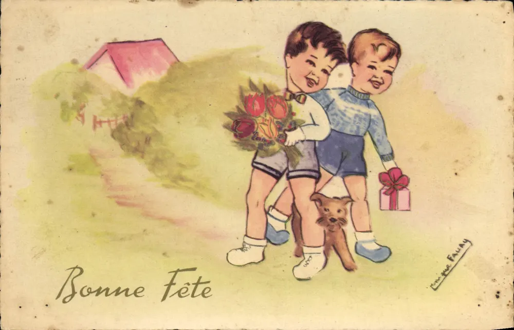 Deux enfants avec bouquet et cadeau — scène de jardin — éditeur D. Hamel, Paris, n°179 - Vorderseite