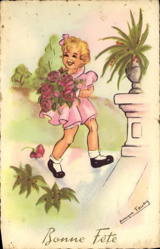 Menina com buquê de rosas — Boa Festa — Mauvay Faury - Frente