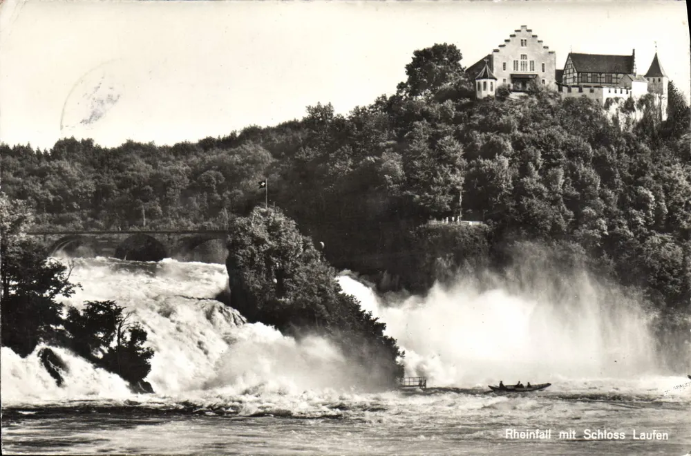 Rheinfall com o Castelo de Laufen — vista do castelo e do dique — Verlag Schloss Laufen am Rheinfall, n° k 9751 - Frente