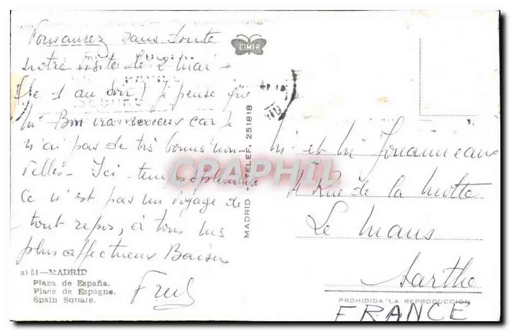 Praça de Espanha — Madrid — editor ETIMER, n° 51 - Verso